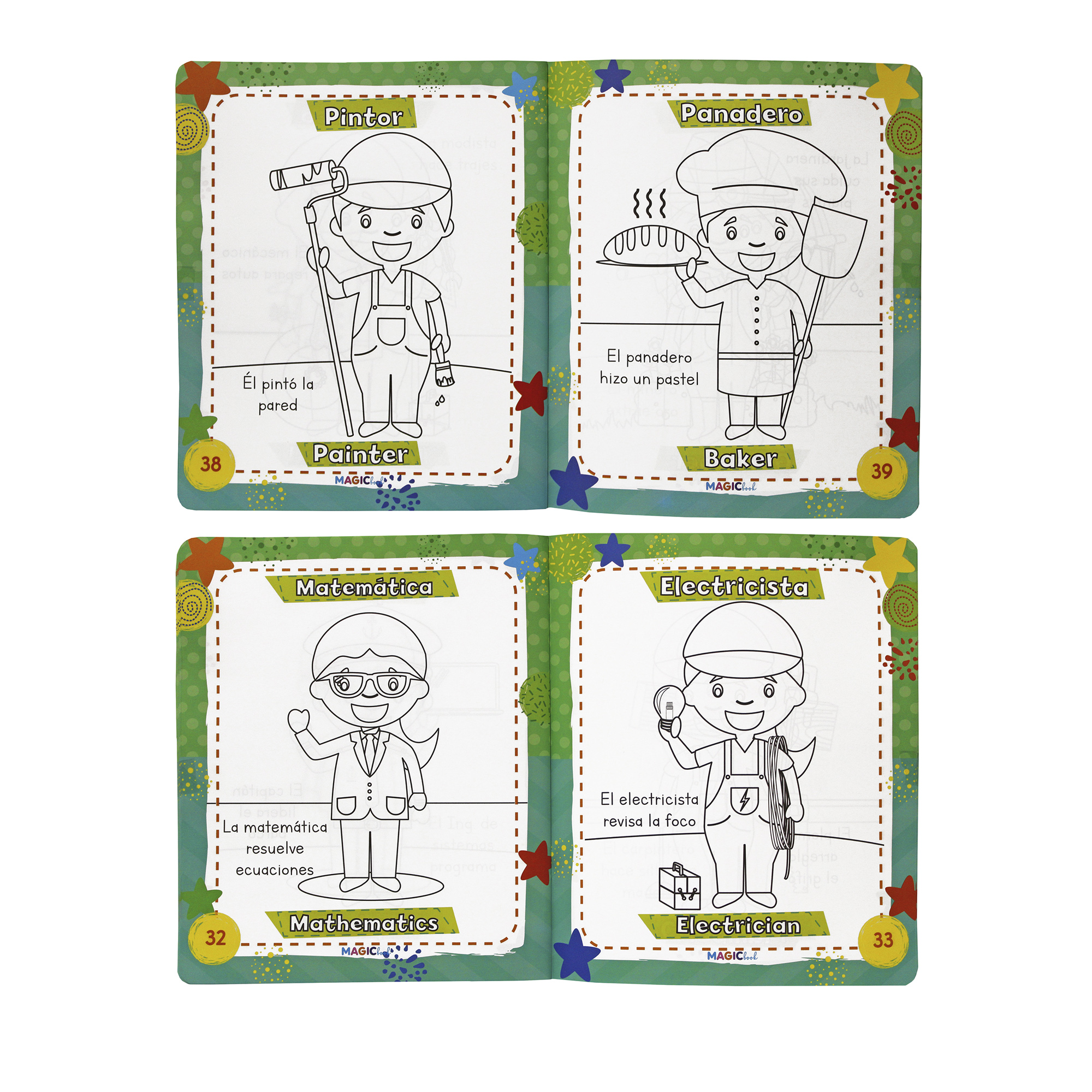 Profesiones, libro bilingüe para colorear borrable, incluye 24 plumones y 12 colores 