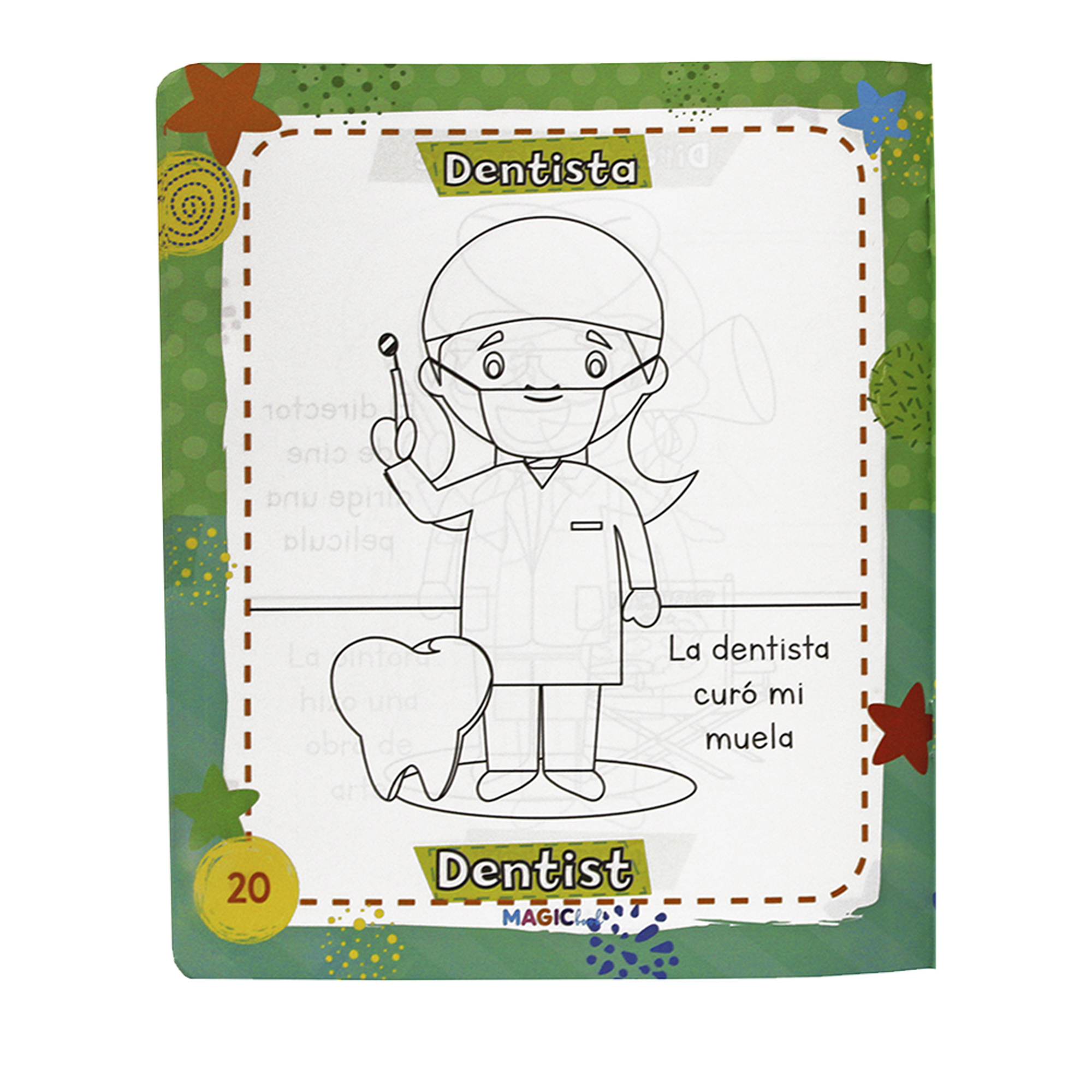 Profesiones, libro bilingüe para colorear borrable, incluye 24 plumones y 12 colores 