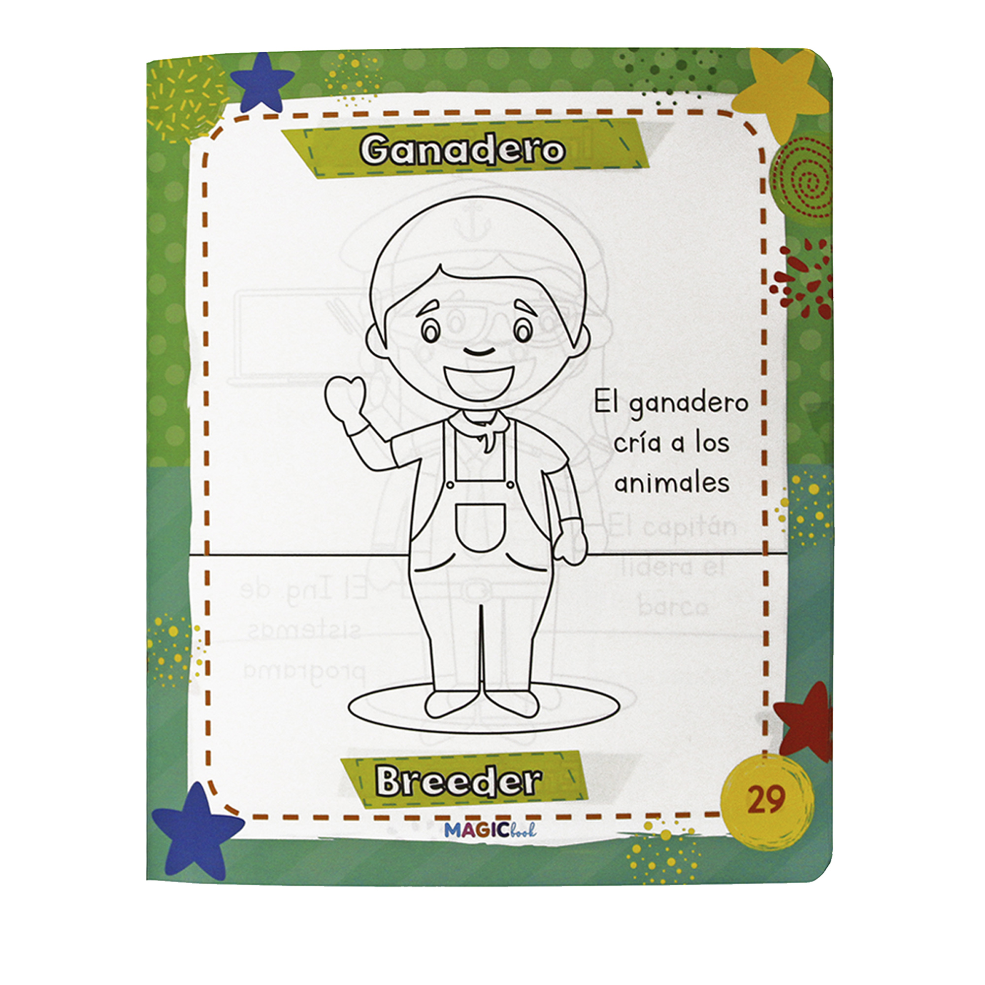 Profesiones, libro bilingüe para colorear borrable, incluye 24 plumones y 12 colores 
