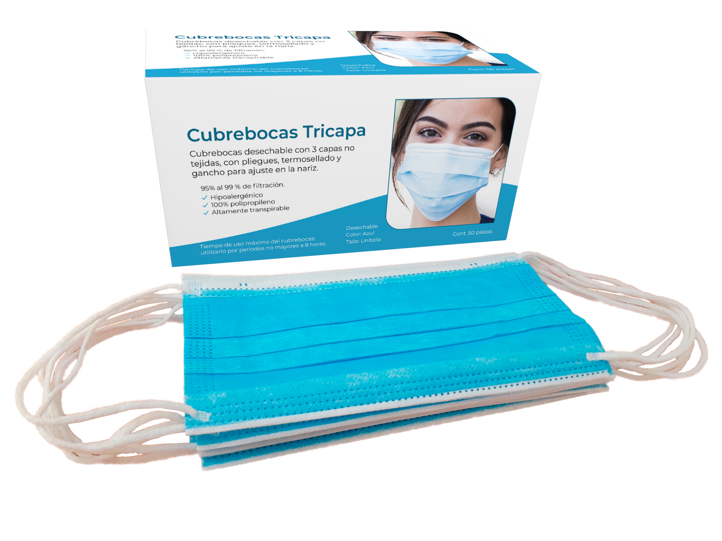 Paquete Cubrebocas Tricapa Color Azul