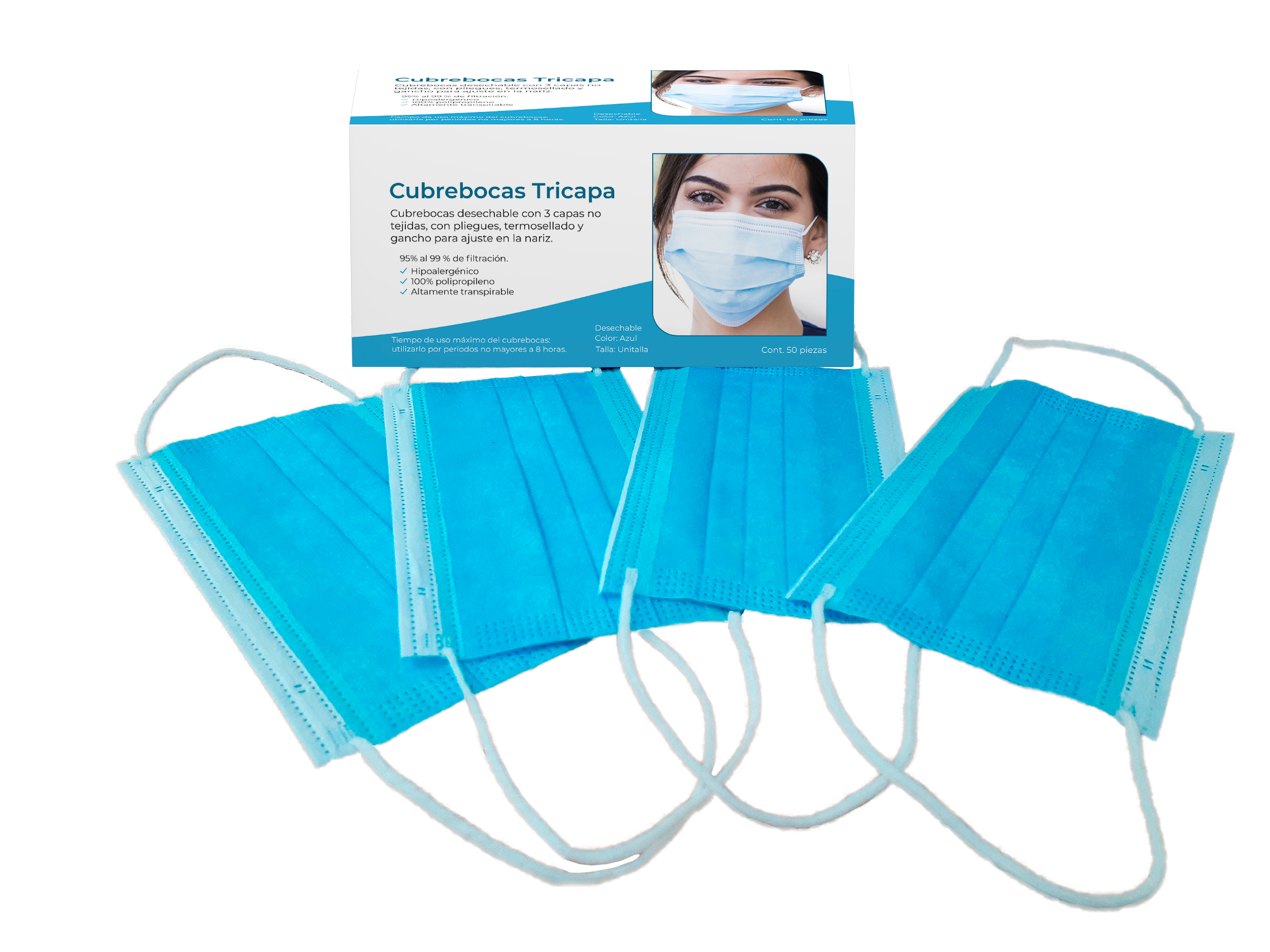 Paquete Cubrebocas Tricapa Color Azul