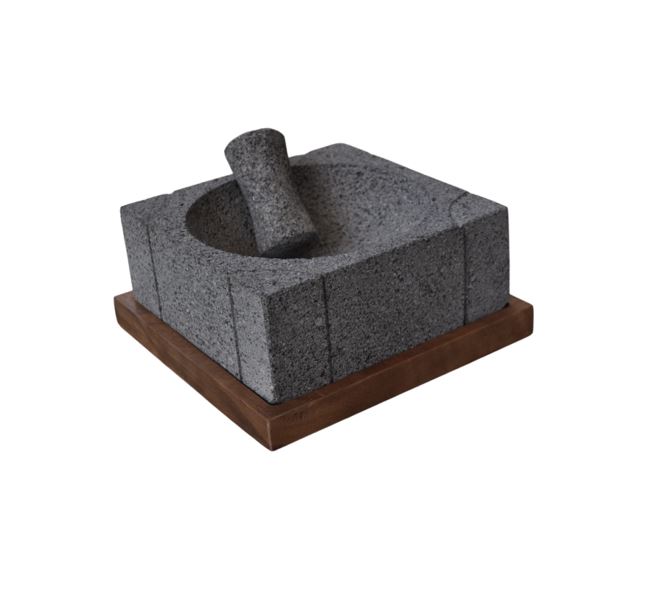 Molcajete Cuadrado 20 X 20 cm Nauhi de Piedra Volcánica con Base de Madera Parota