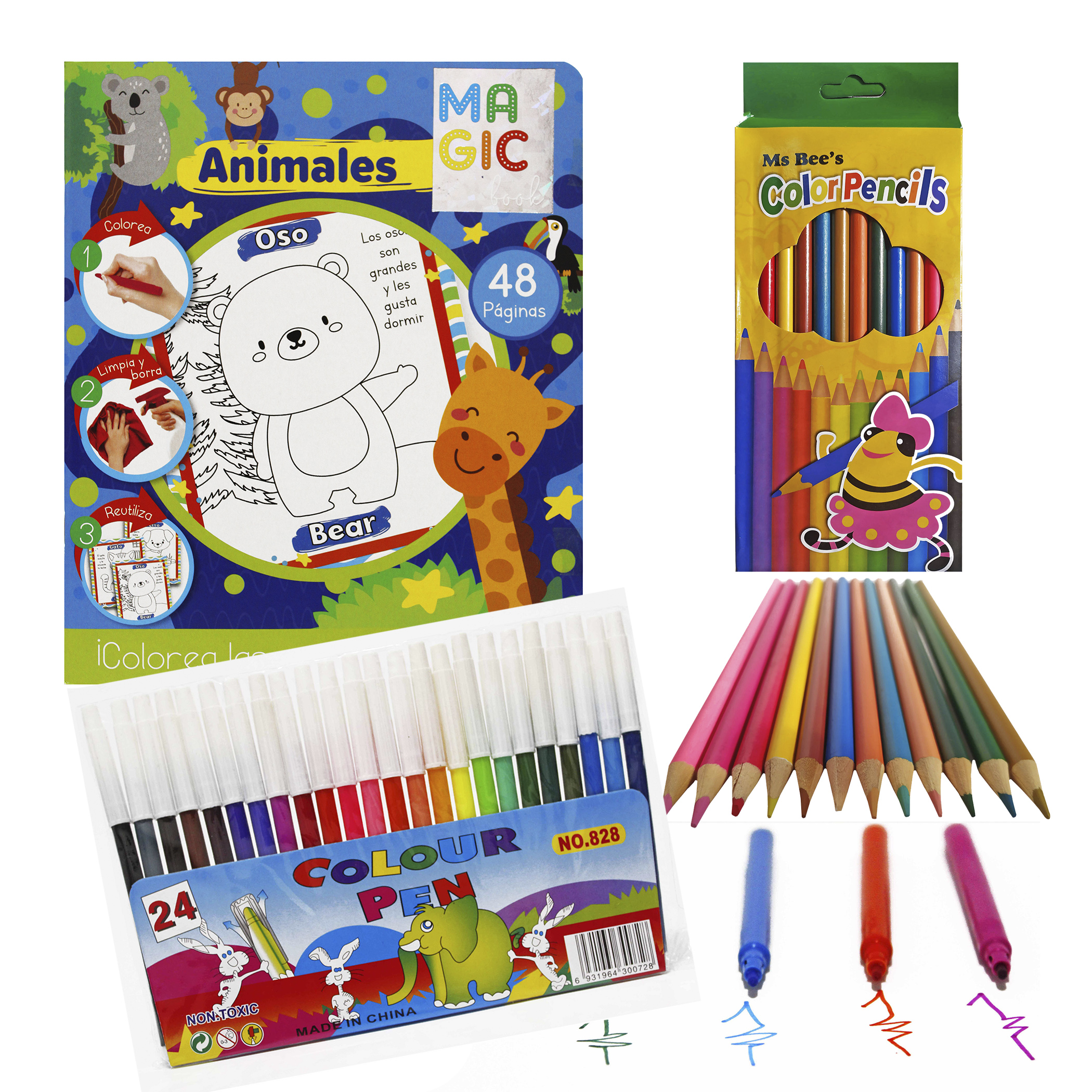 Animales, Libro Bilingüe para Colorear Borrable, incluye 24 plumones y 12 colores