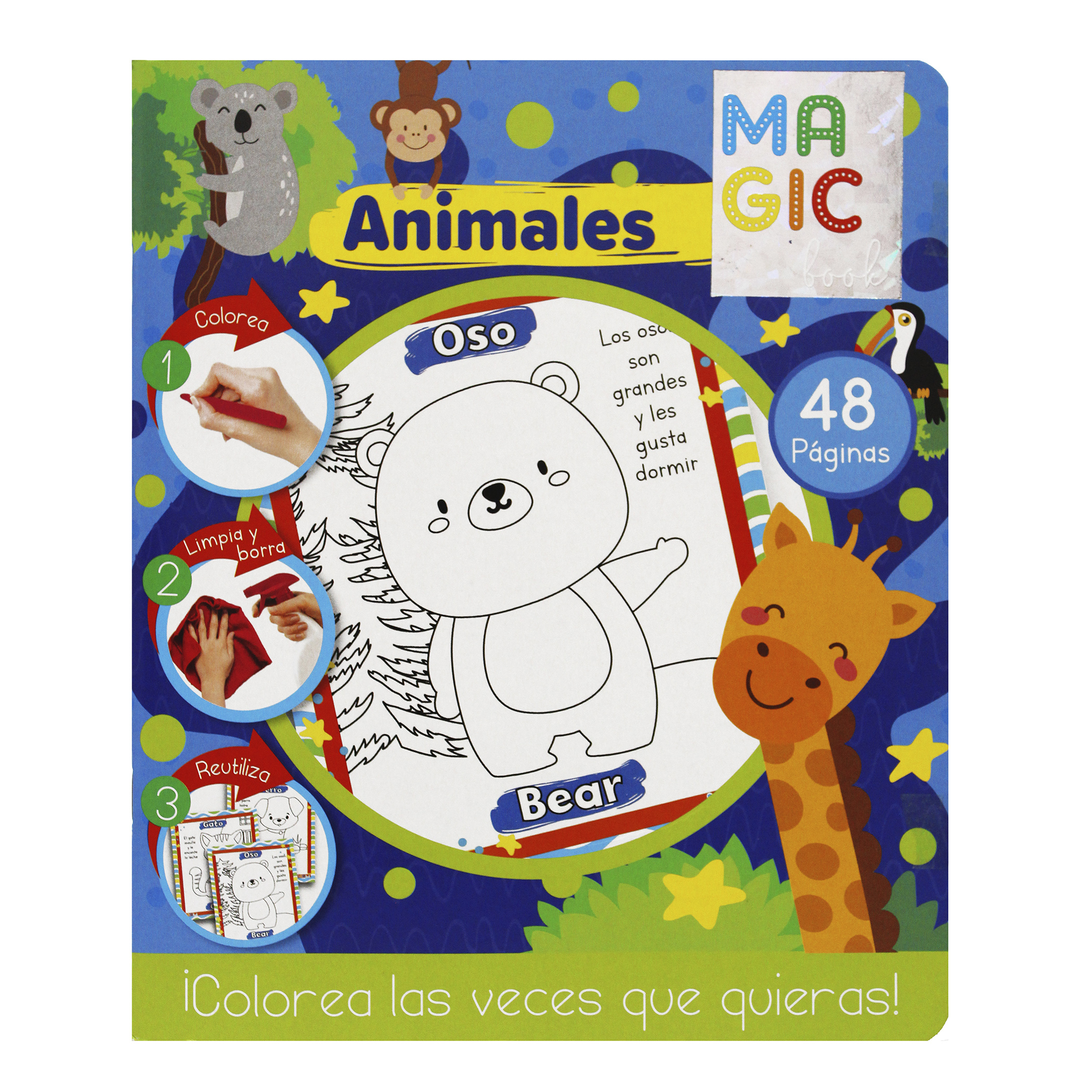 Animales, Libro Bilingüe para Colorear Borrable, incluye 24 plumones y 12 colores