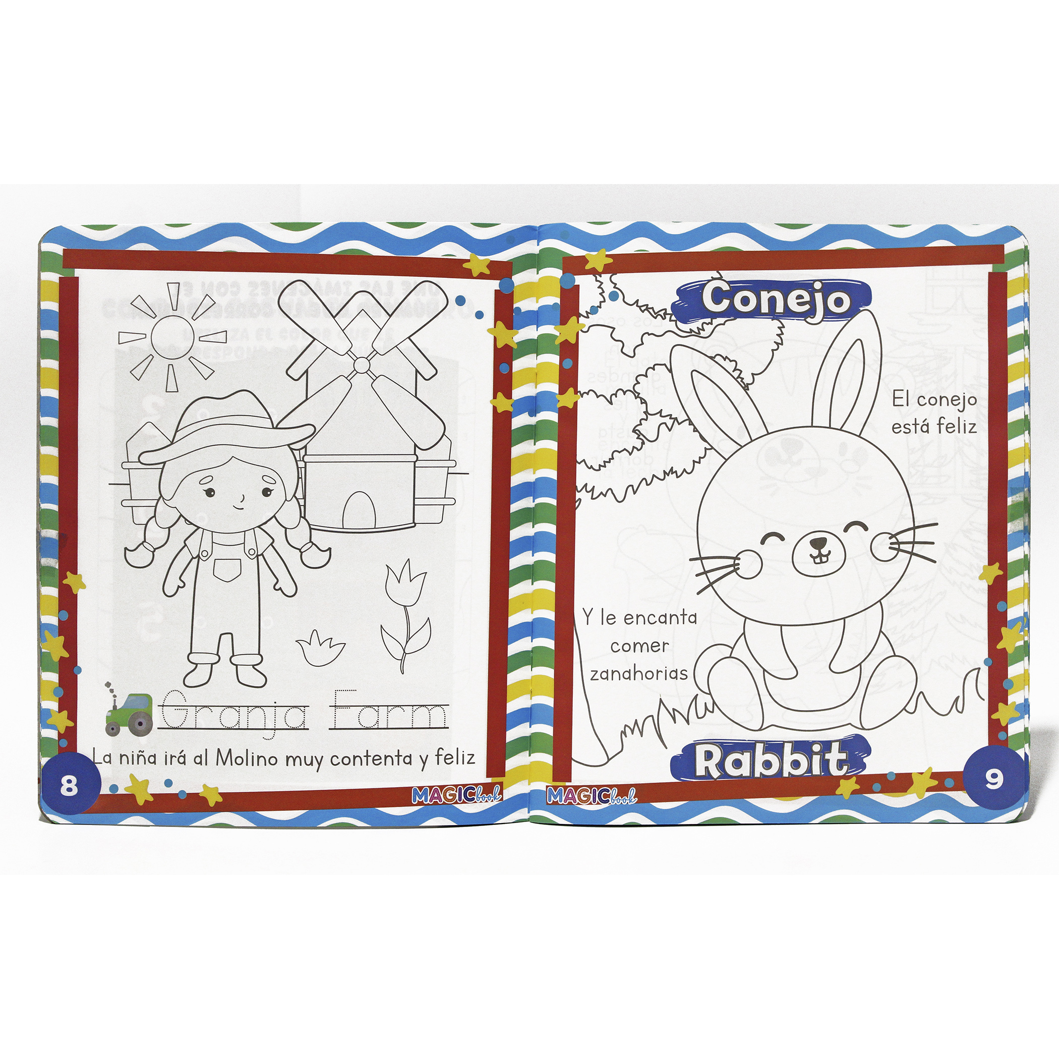 Animales, Libro Bilingüe para Colorear Borrable, incluye 24 plumones y 12 colores