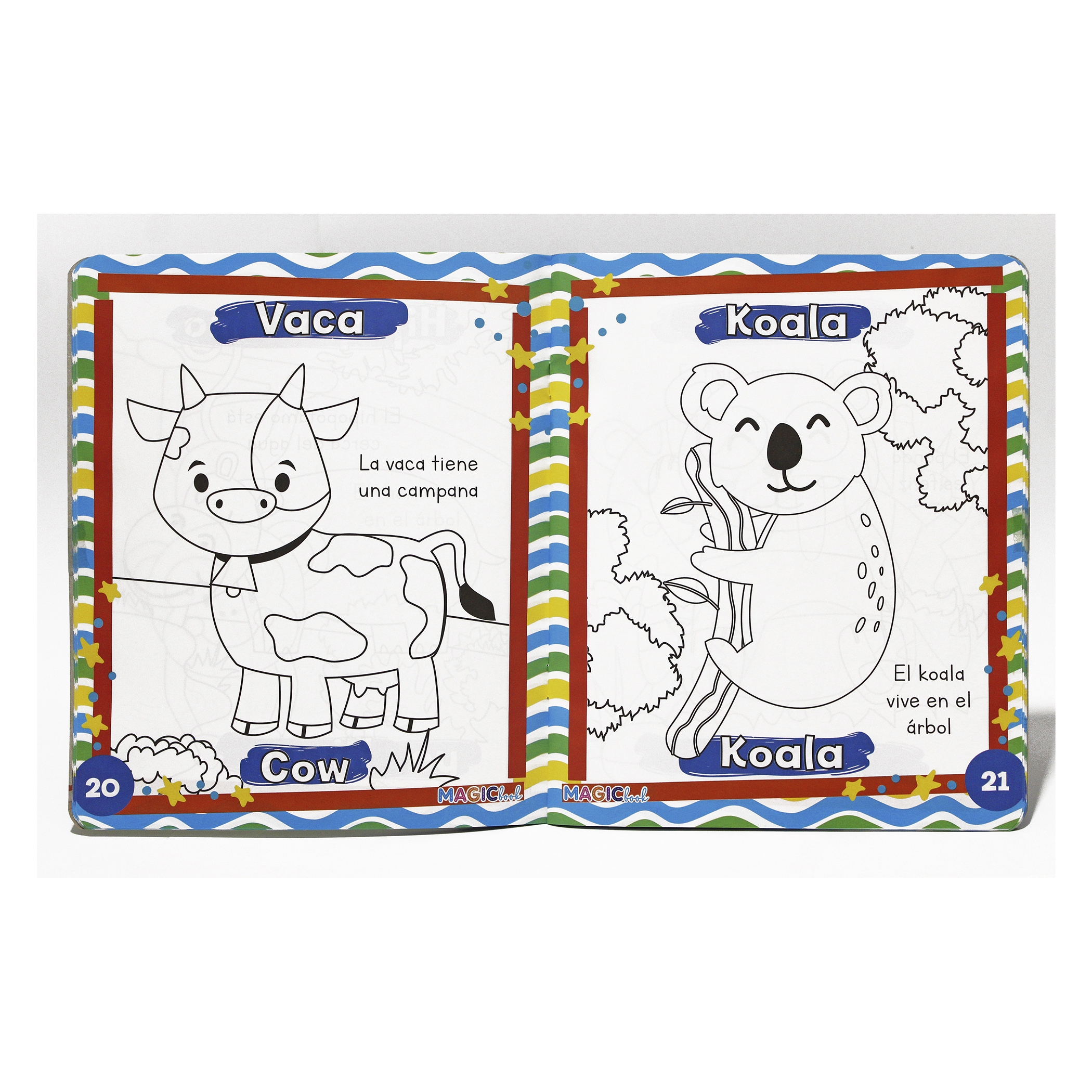 Animales, Libro Bilingüe para Colorear Borrable, incluye 24 plumones y 12 colores