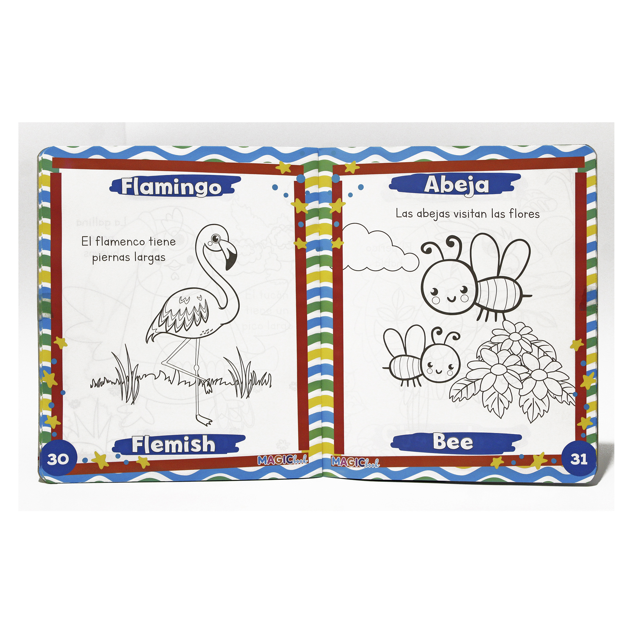 Animales, Libro Bilingüe para Colorear Borrable, incluye 24 plumones y 12 colores