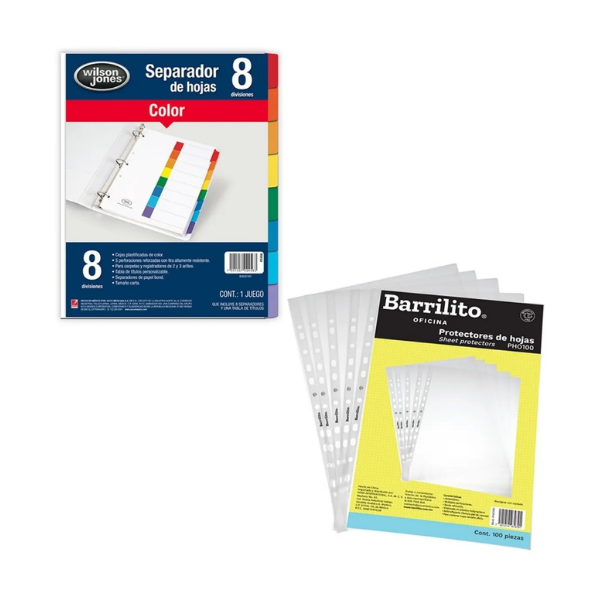 Separador De Carpeta 8 Colores + 100 Protectores De Hoja T.carta