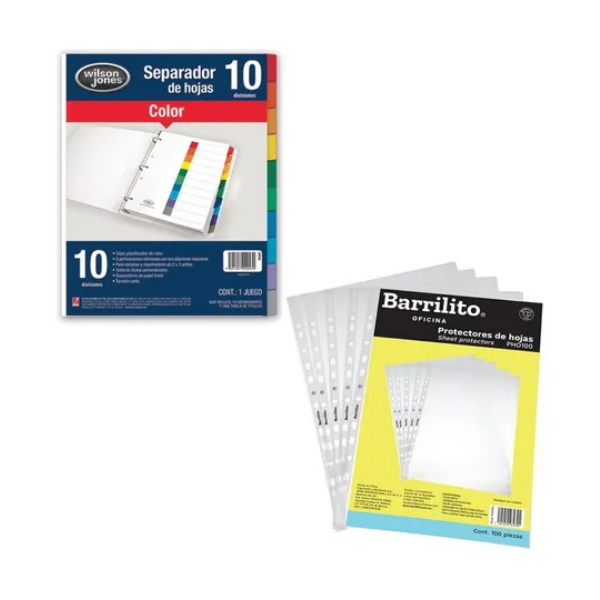 Separador De Carpeta 10 Col+ 100 Protectores De Hoja T.carta