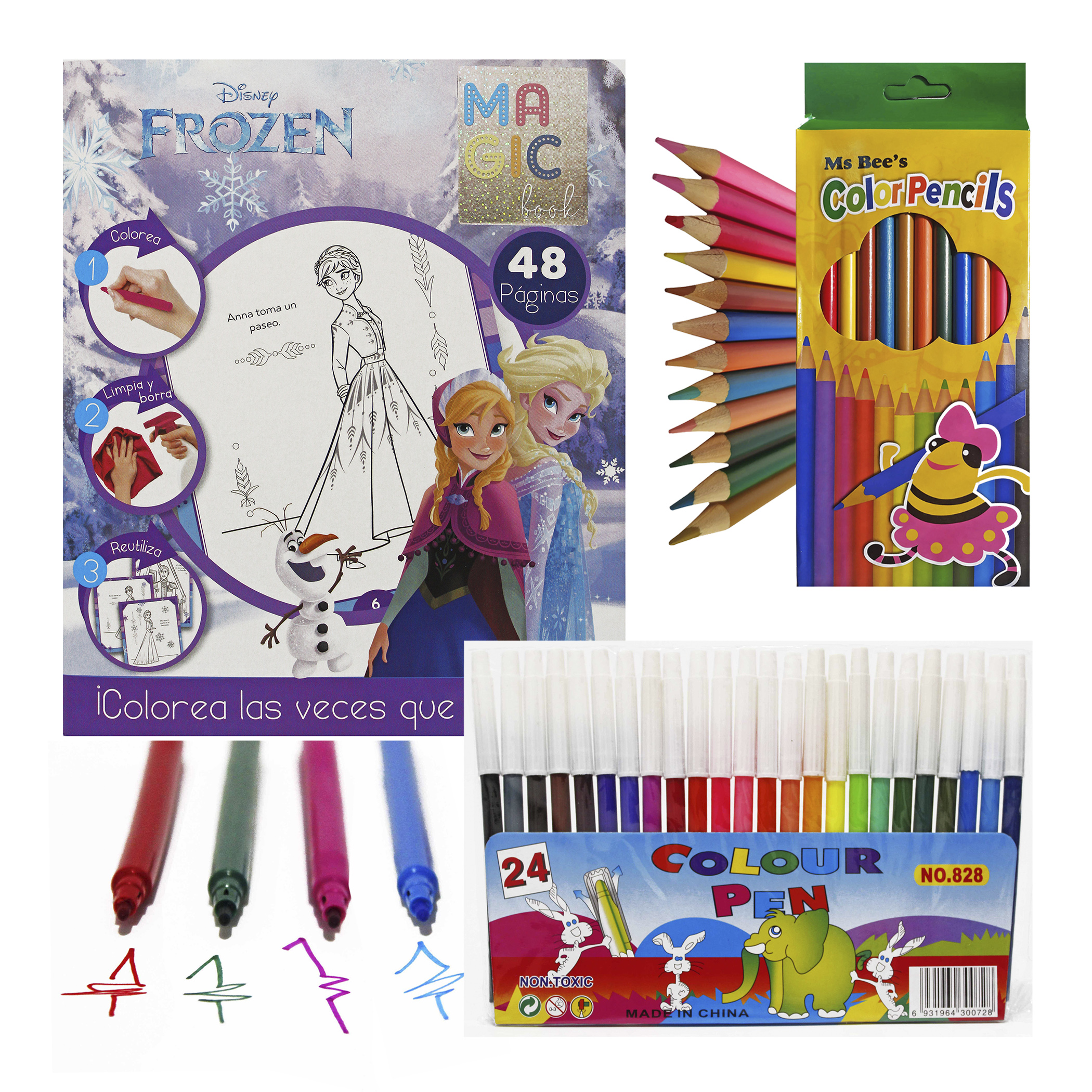 Frozen, libro para colorear borrable, incluye 24 plumones y 12 colores