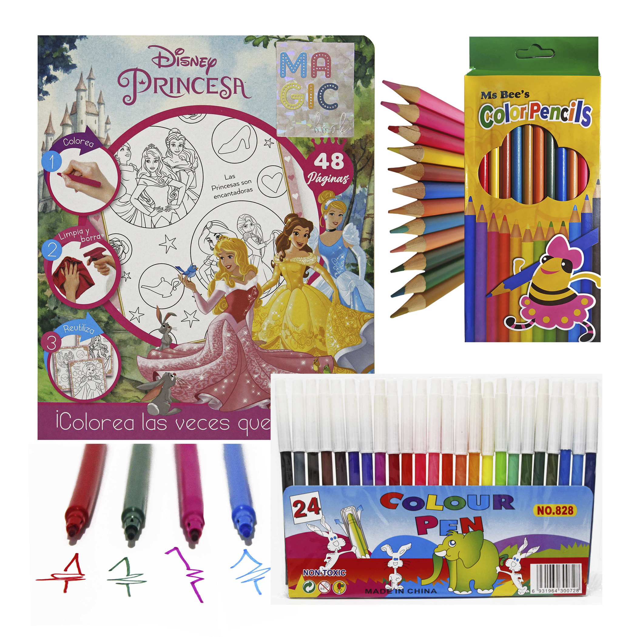 Princesas, Libro para Colorear Borrable incluye 24 Plumones y 12 Colores