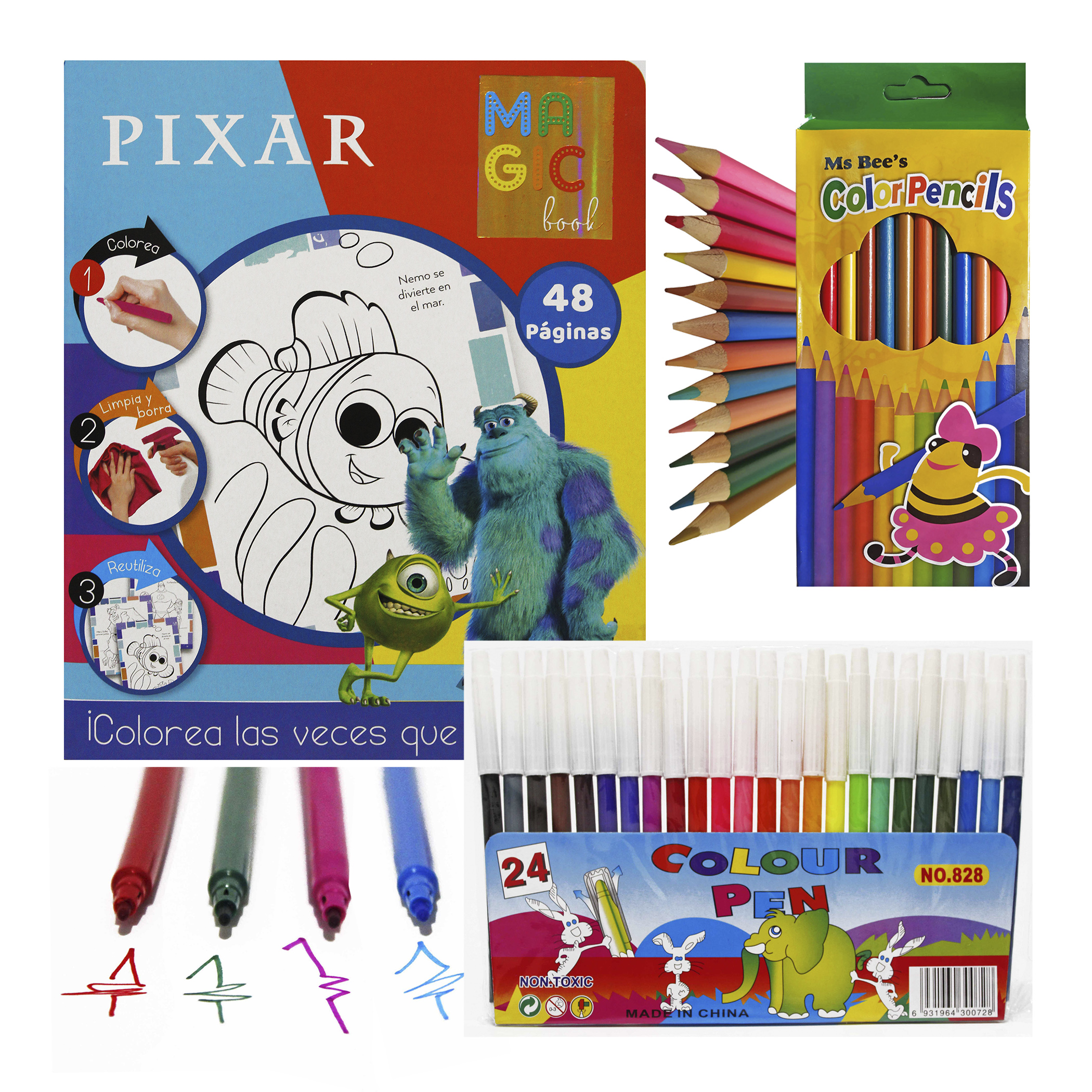 Buscando a Nemo, Monsters Inc, Ratatouille, Wall-E, Libro para colorear borrable + 24 plumones + 12 colores