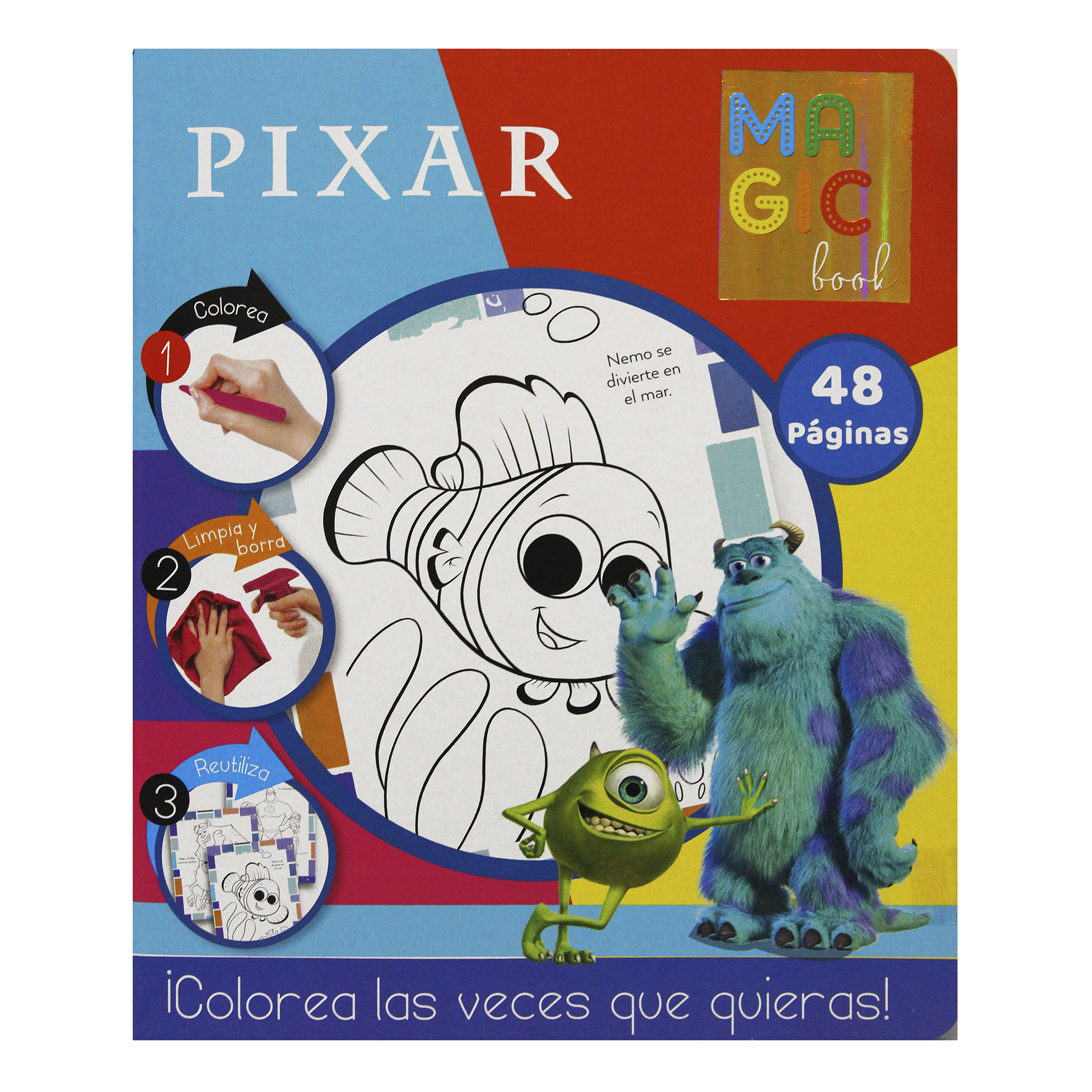 Buscando a Nemo, Monsters Inc, Ratatouille, Wall-E, Libro para colorear borrable + 24 plumones + 12 colores