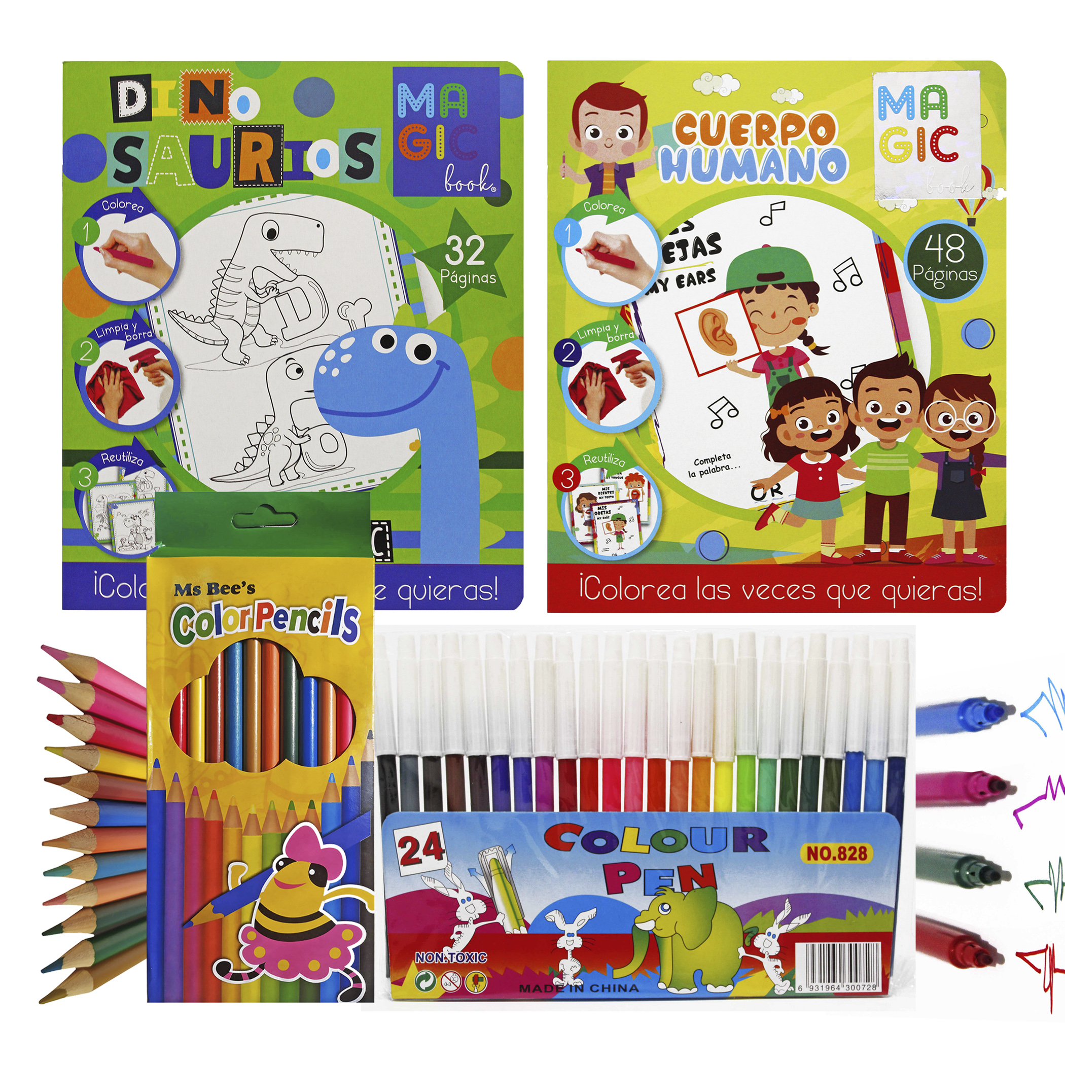 Dinosaurios y Cuerpo Humano, 2 libros bilingües para colorear, borrables