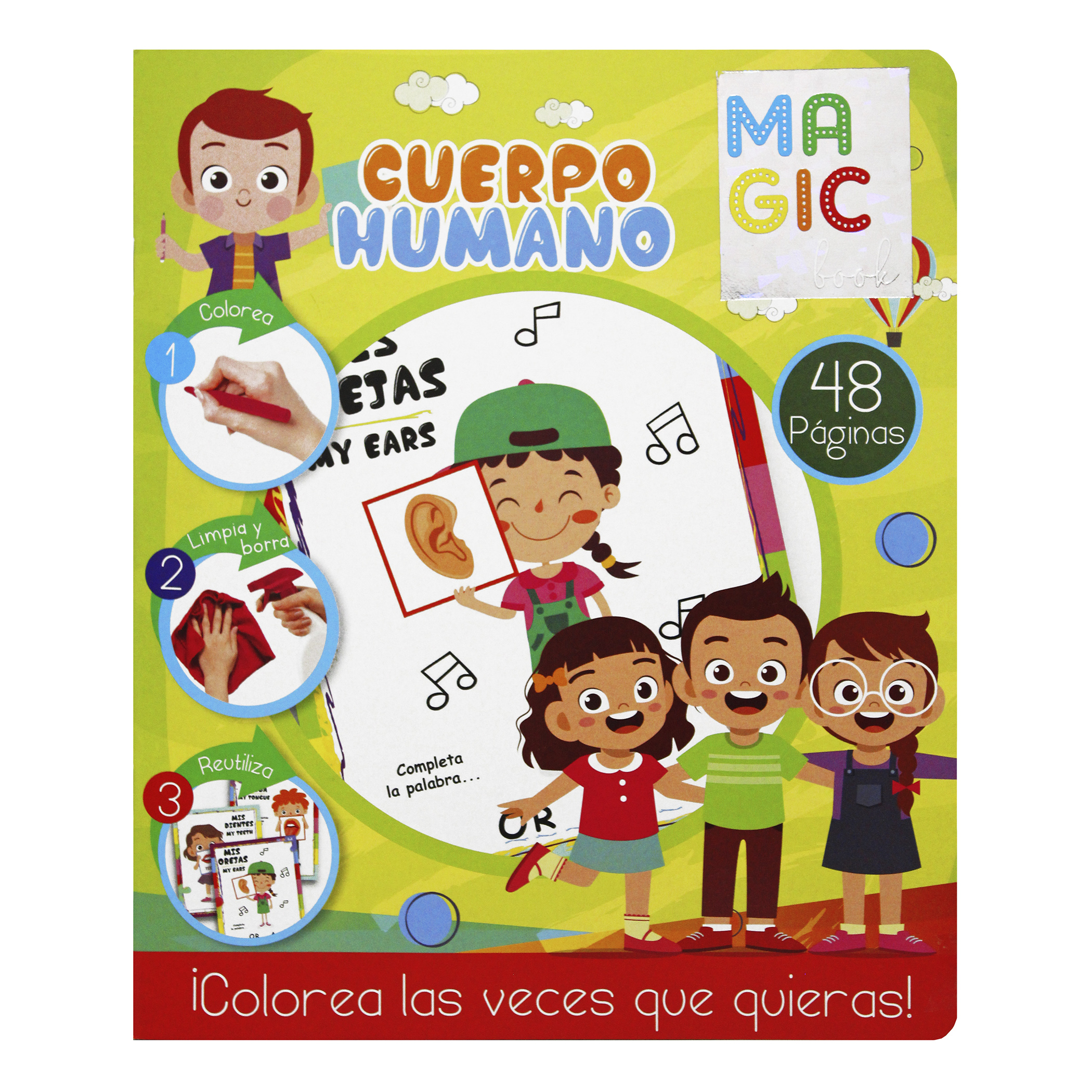 Dinosaurios y Cuerpo Humano, 2 libros bilingües para colorear, borrables