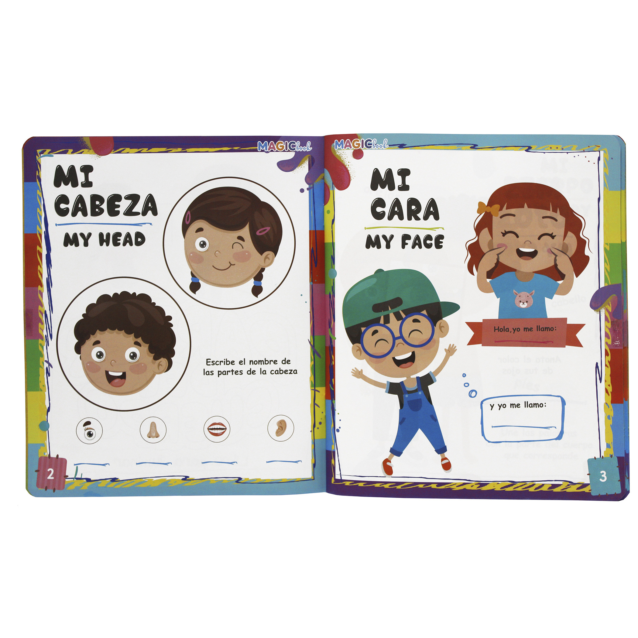 Dinosaurios y Cuerpo Humano, 2 libros bilingües para colorear, borrables