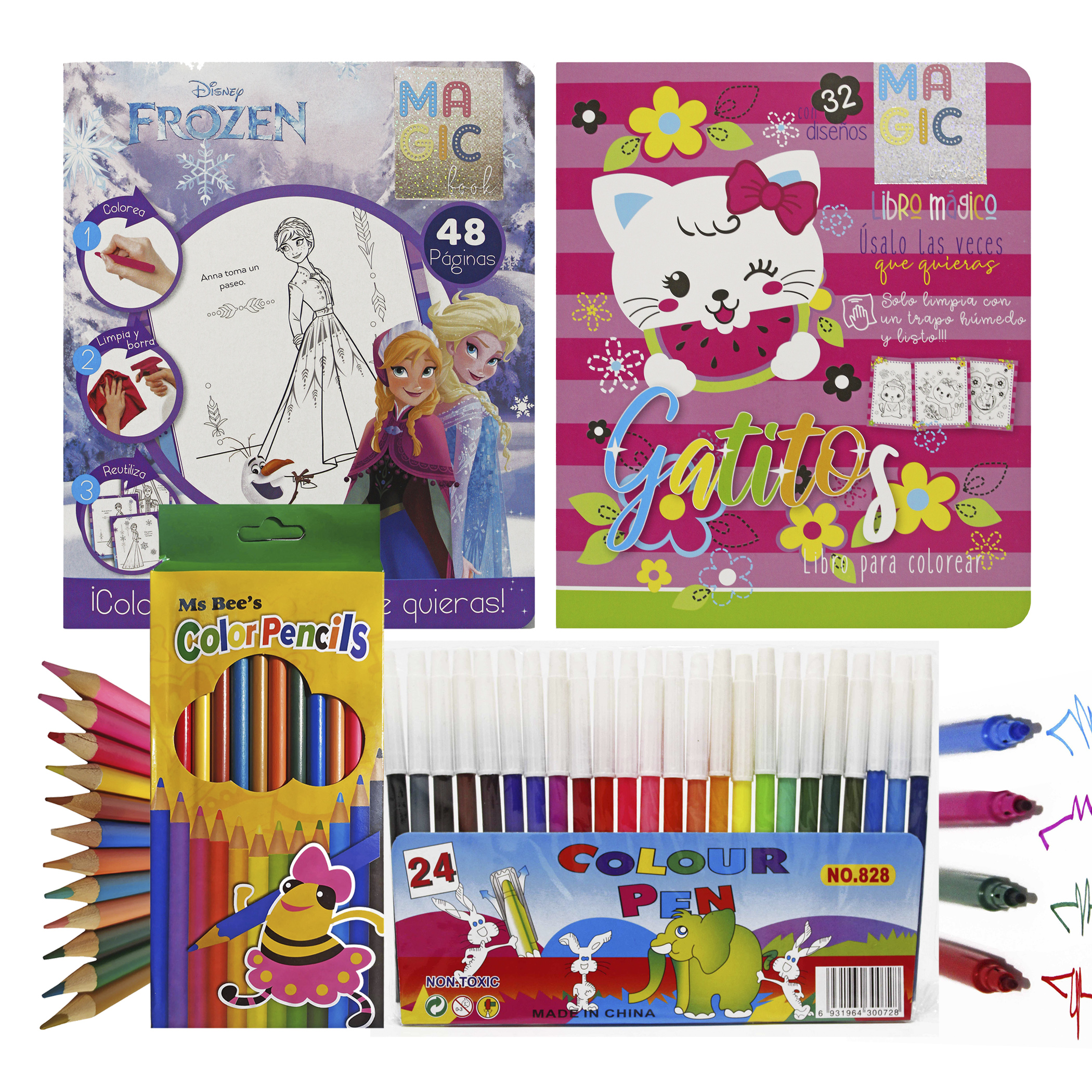 Frozen, Gatitos, 2 libros para colorear borrables, incluye 24 plumones y 12 colores