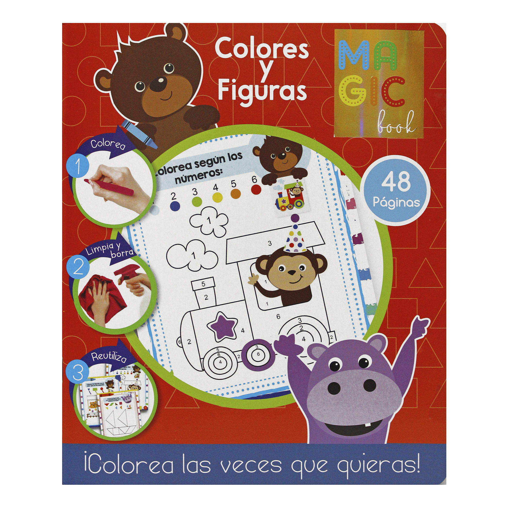 Animales, Profesiones, Colores y Formas, 3 libros para colorear borrables + 24 plumones + 12 colores