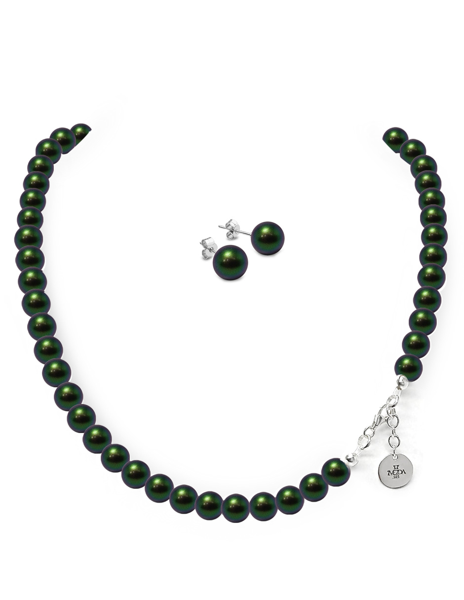 Collar y aretes perlas de cristal Verde con plata .925 Joyería Zvezda