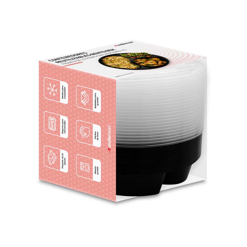 Contenedores para Alimentos 800ml Bento 3 Compartimentos 21pz Redlemon