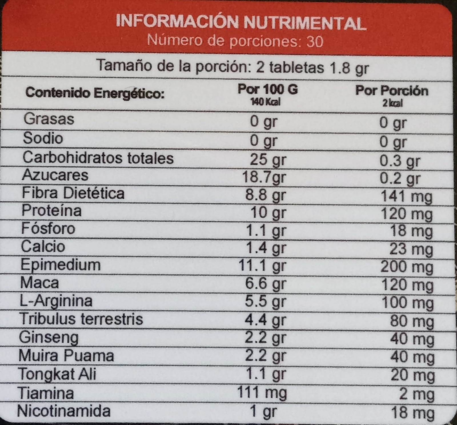 Epimedium, L-arginina, Tribulus Terrestris, Maca, Ginseng, Muira, Tohgkat Ali, Vitamina B3 y B1.