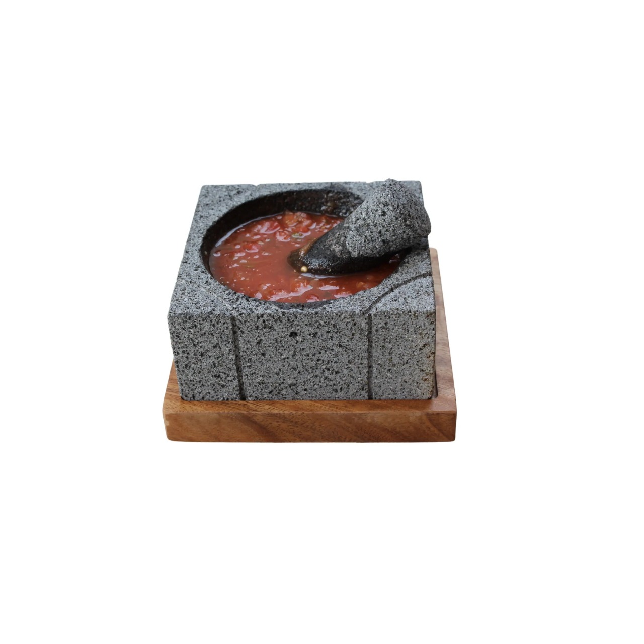 Molcajete Cuadrado de Piedra Volcánica 15.5 CM x 15.5 CM con Base de Madera Parota