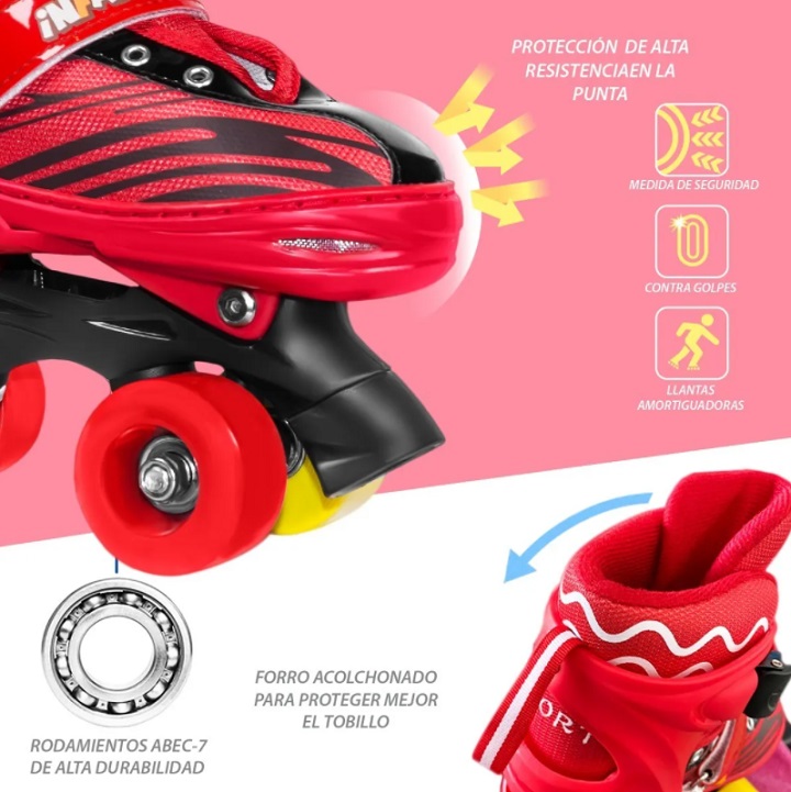 Patines De 4 Ruedas Ajustable Del 23-26 Con Protecciones Rojos
