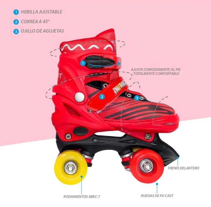 Patines De 4 Ruedas Ajustable Del 23-26 Con Protecciones Rojos