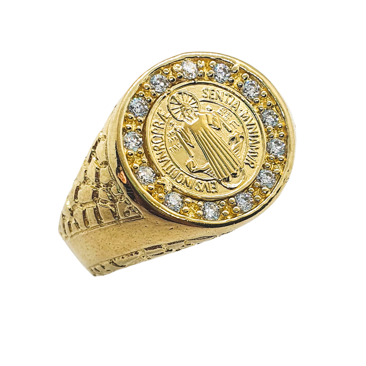 Anillo San Benito de plata .925 con chapa de oro 14k para hombre