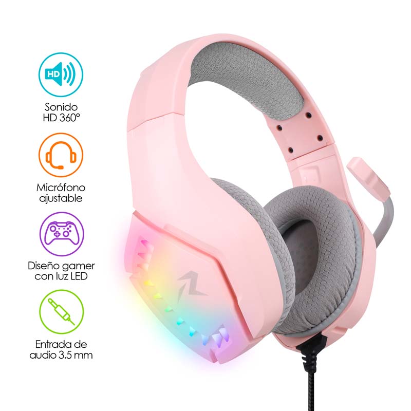 Audífonos Gamer Rosas de Diadema HD 360 Luz LED G5600 Redlemon