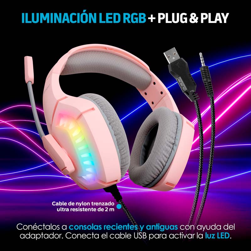 Audífonos Gamer Rosas de Diadema HD 360 Luz LED G5600 Redlemon