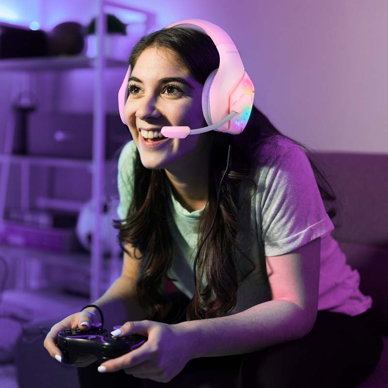 Audífonos Gamer Rosas de Diadema HD 360 Luz LED G5600 Redlemon