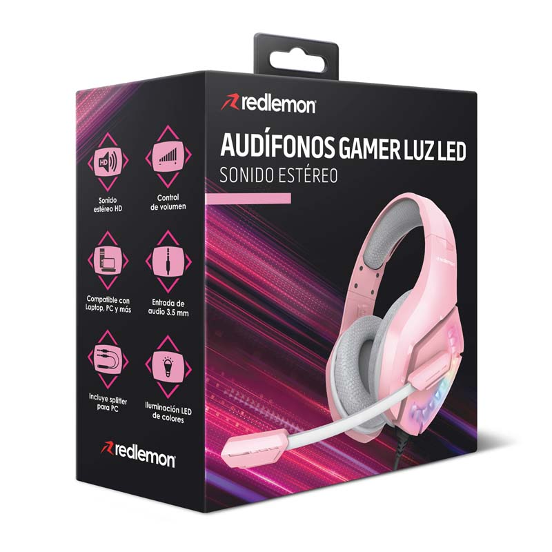 Audífonos Gamer Rosas de Diadema HD 360 Luz LED G5600 Redlemon