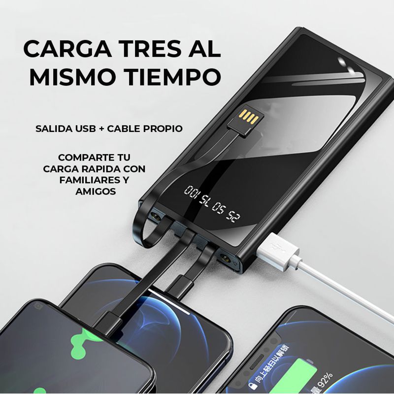 Power Bank Pila Batería Portátil 10000 mah Conecta 3 dispositivos al mismo tiempo, conectores integrados