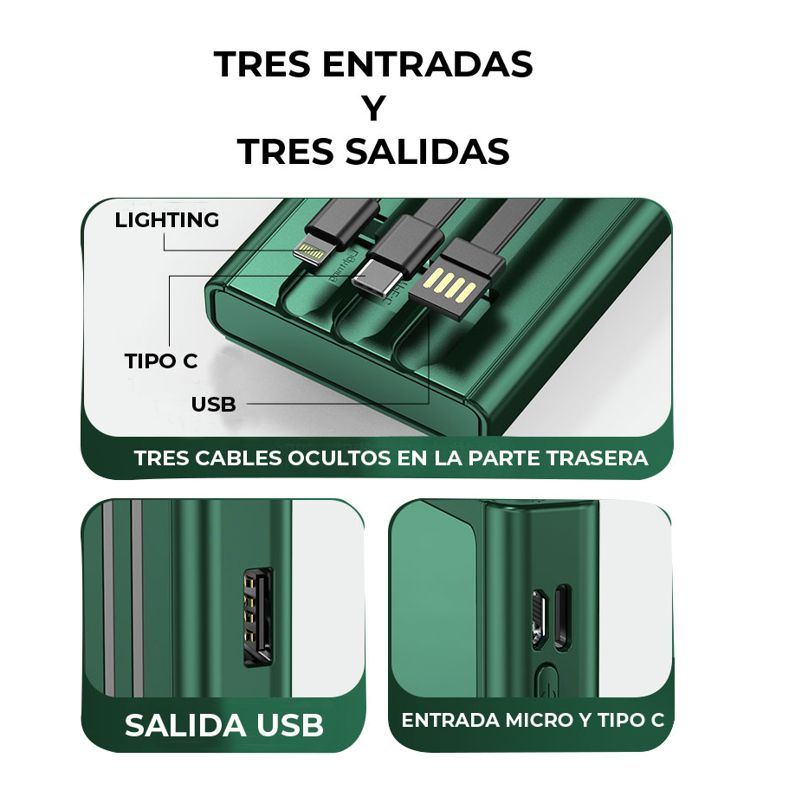 Power Bank Pila Batería Portátil 10000 mah Conecta 3 dispositivos al mismo tiempo, conectores integrados
