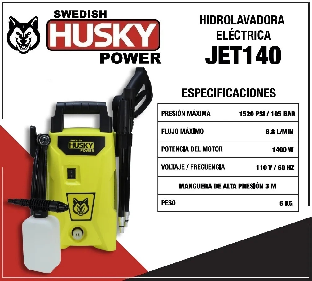 Hidrolavadora Husky 1520 PSI CON JABONERA 1400W 110V. JET140