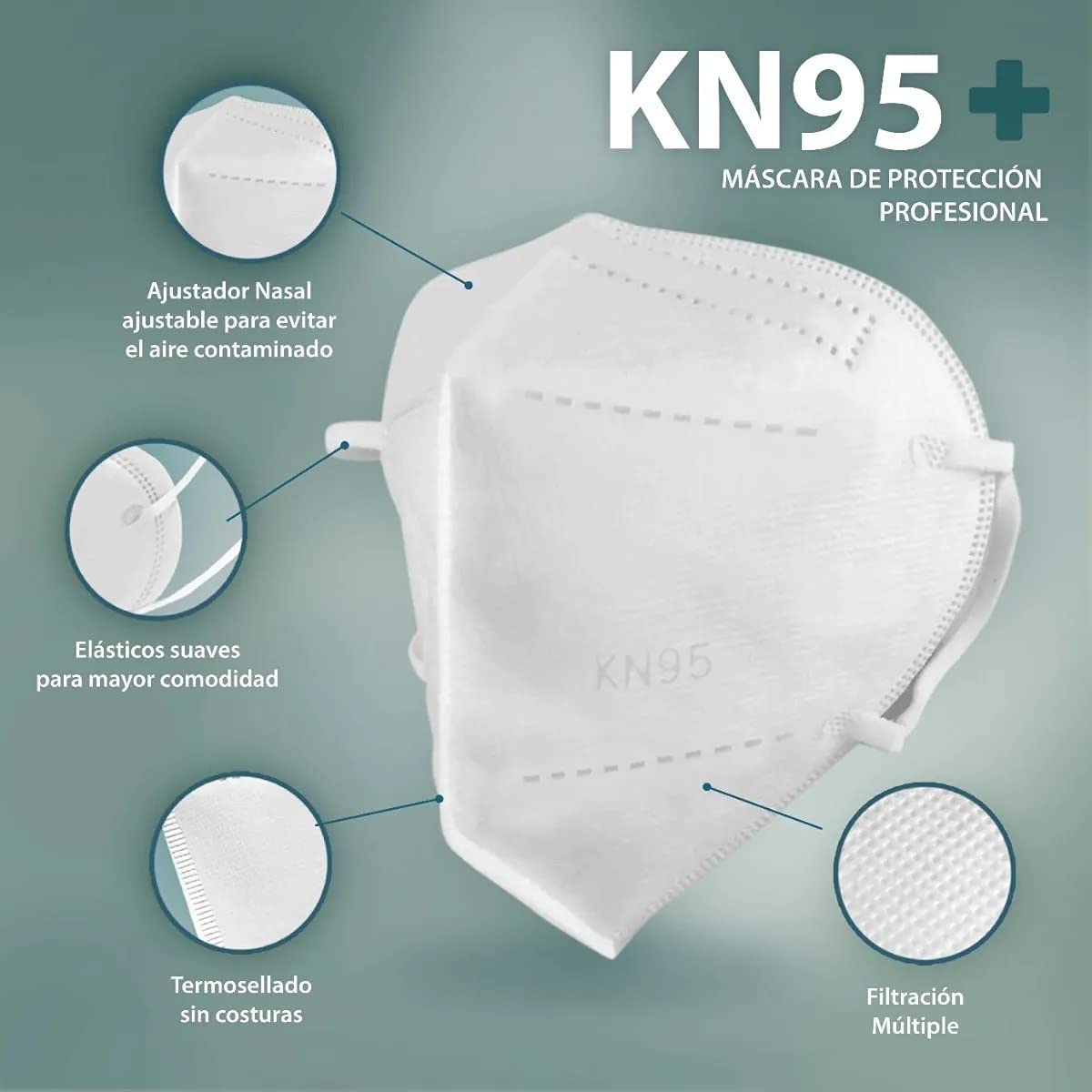 50 piezas de cubrebocas KN95. Tapabocas, Mascarillas Protectoras con 5 Capas, Cubrebocas Desechable y Ajustador Nasal con empaque individual (Ajuste Comodo, Blanco)