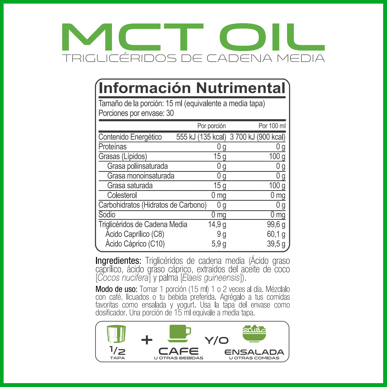 MCT Oil Liquido 450 ml Sin Sabor | Excelente para dietas KETO Energía y control de apetito | 30 serv
