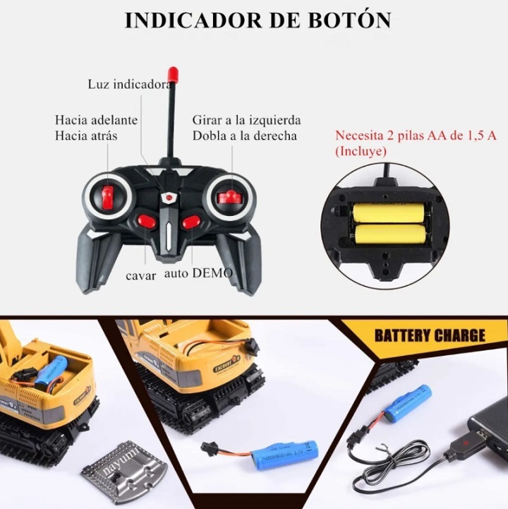 Excavadora Control Remoto 1:24 Rc Juguete 6canal Niños Metal
