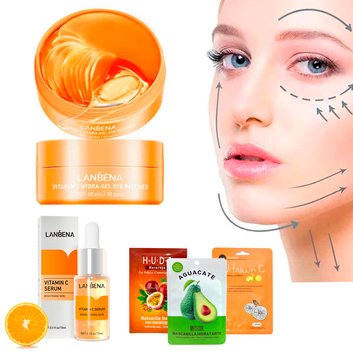 Serum Facial Acido Hialuronico + Mascarillas Antiarrugas Blanquea Reafirma + Parches Hydrogel Retinol Kit De Cuidado Facial Aclarante Vitamina C Lanbena 