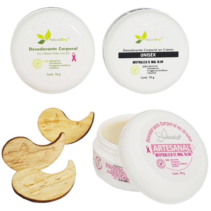 NaturalDry - 3 Desodorantes corporal en crema con 3 aplicadores de madera: 1 para mujer, 1 Unisex , 1 Artesanal - Sin aluminio - Neutraliza el mal olor