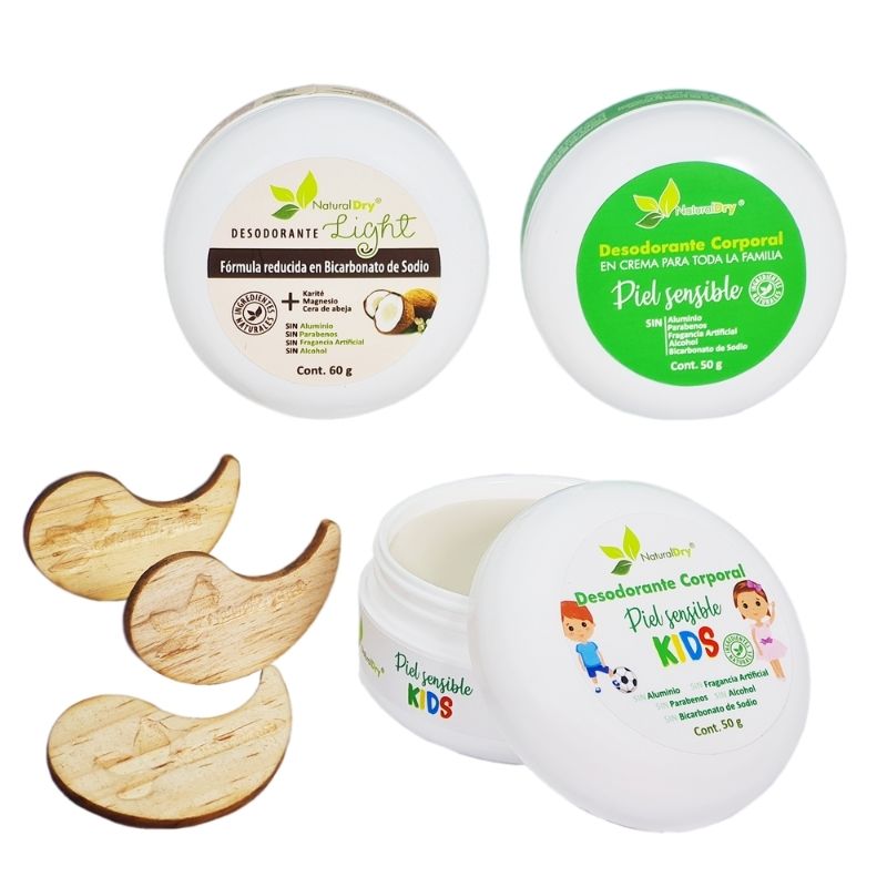 NaturalDry - 3 Desodorantes corporal en crema con 3 aplicadores de madera: 1 para piel sensible fam , 1 para kids piel sensible, 1 Light - Sin aluminio - Neutraliza el mal olor