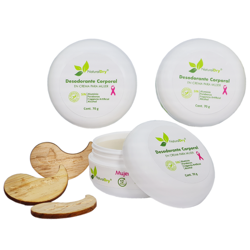 NaturalDry - 3 Desodorantes corporal en crema para mujer con 3 aplicadores de madera - Sin aluminio - Neutraliza el mal olor