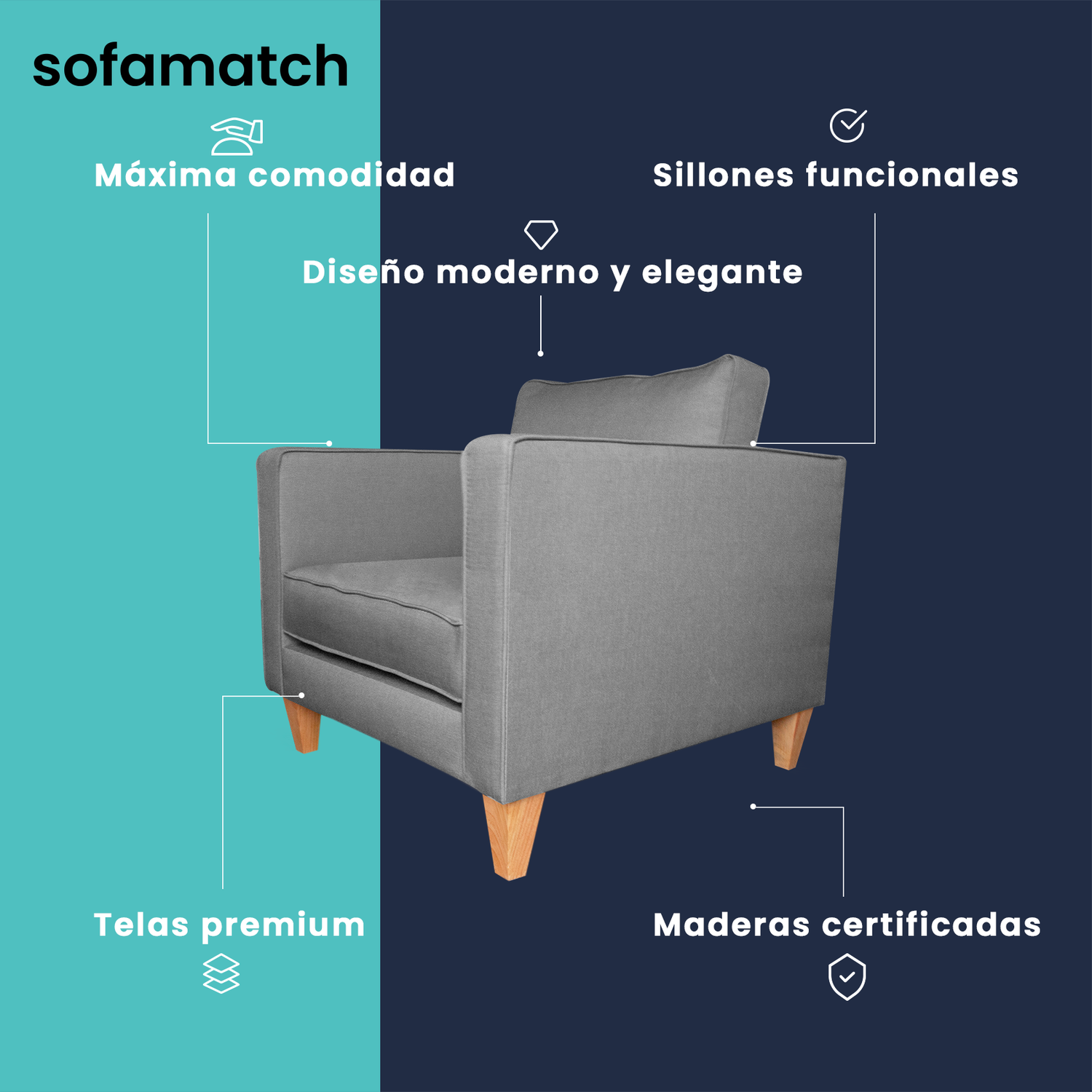 Sillón Rosen SofaMatch, Tela Quantum, Patas Natural Graphite