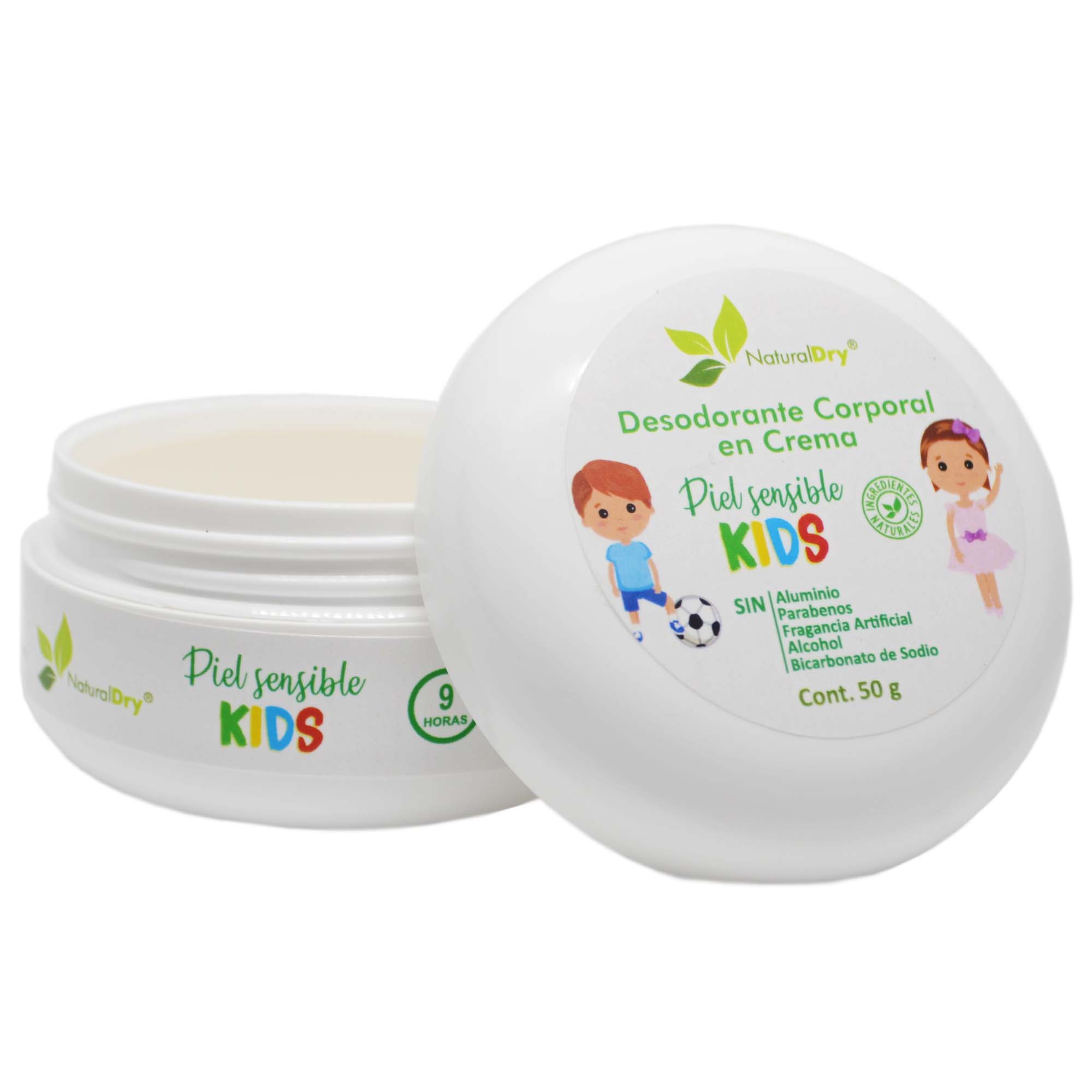 NaturalDry - 1 Desodorante corporal en crema piel sensible KIDs - Sin aluminio - Neutraliza el mal olor