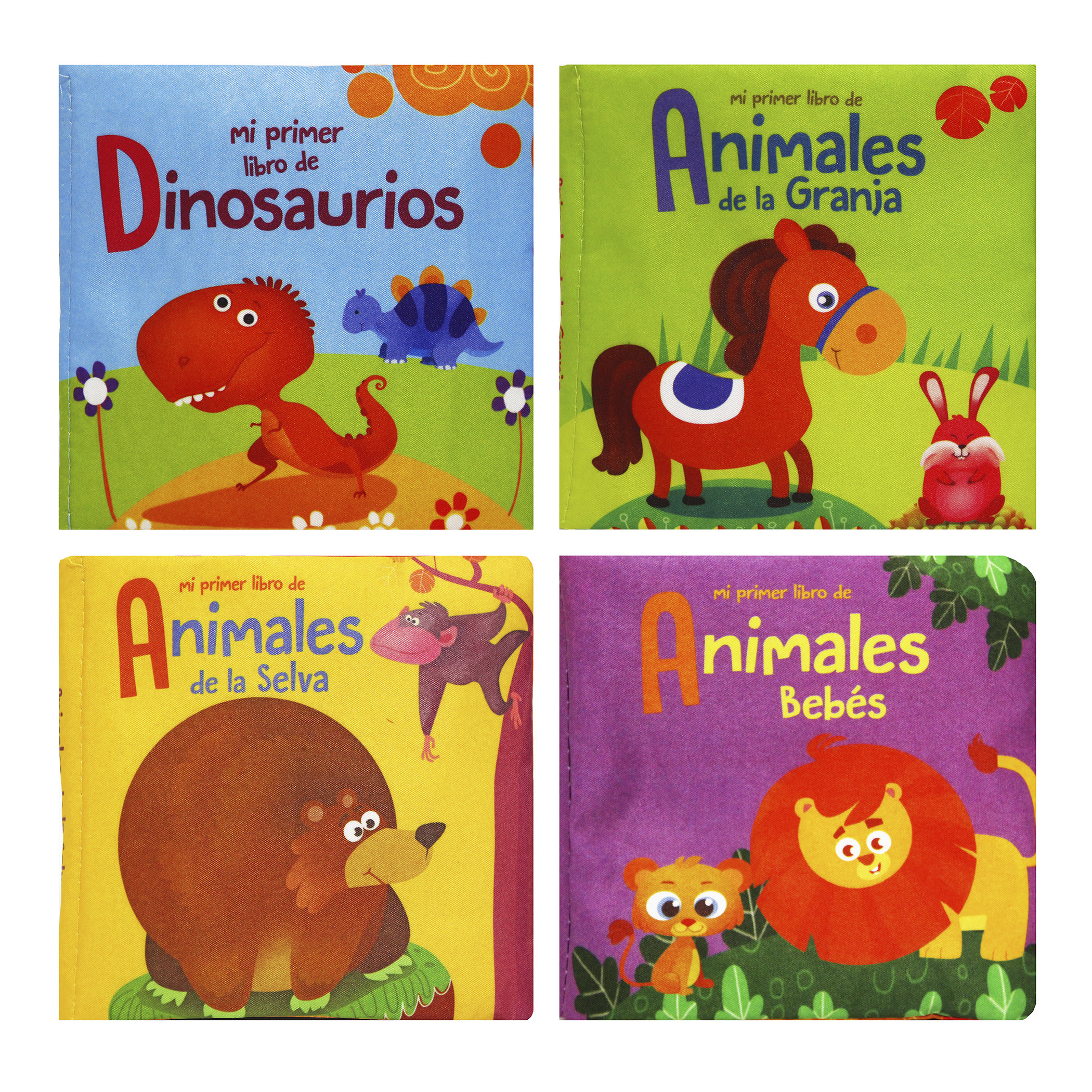 4 Libros de Tela: Animales Bebé, Granja, Selva y Dinosaurios 
