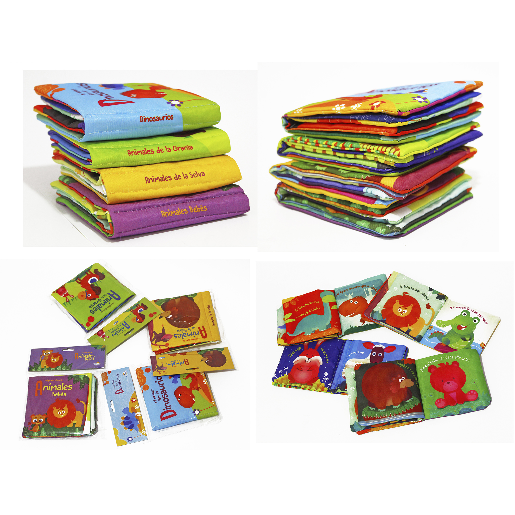 4 Libros de Tela: Animales Bebé, Granja, Selva y Dinosaurios 