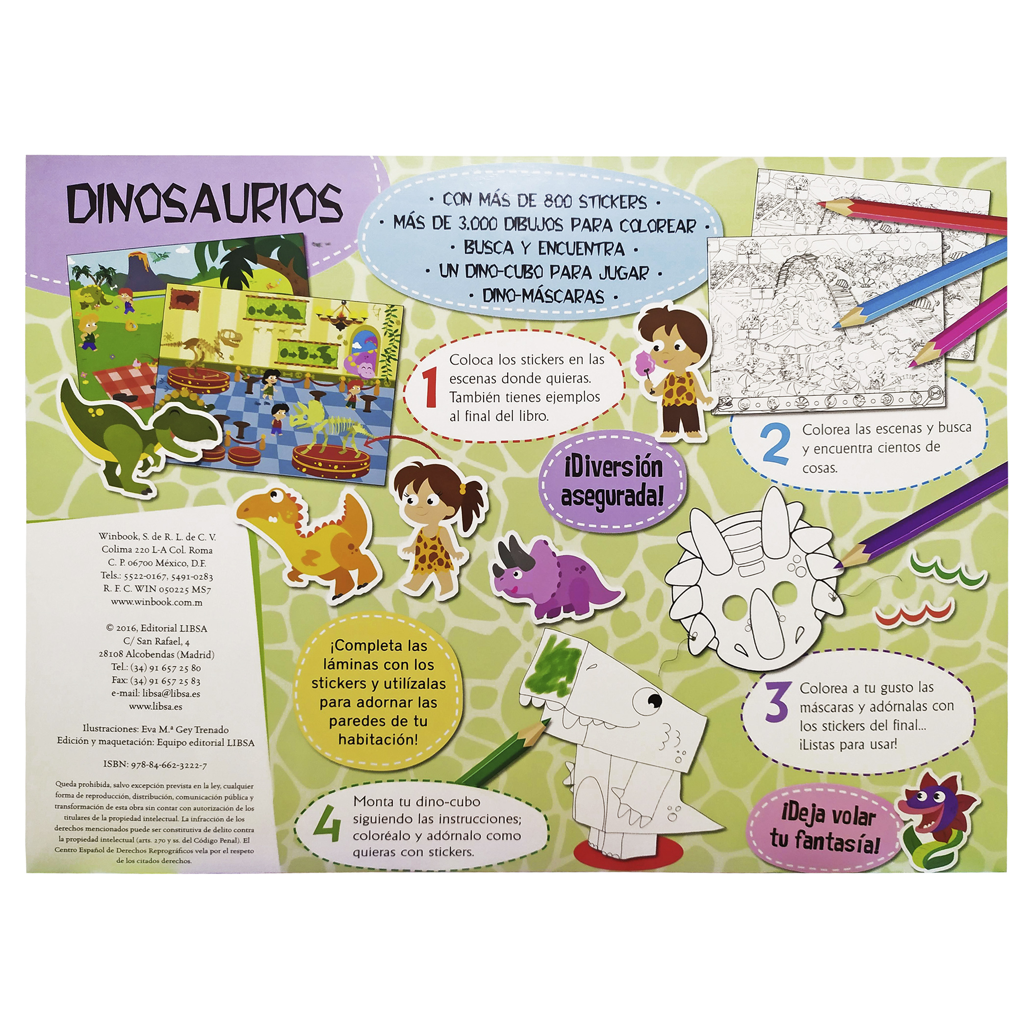 Dinosaurios, libro para colorear con más de 800 stickers, 12 pósters