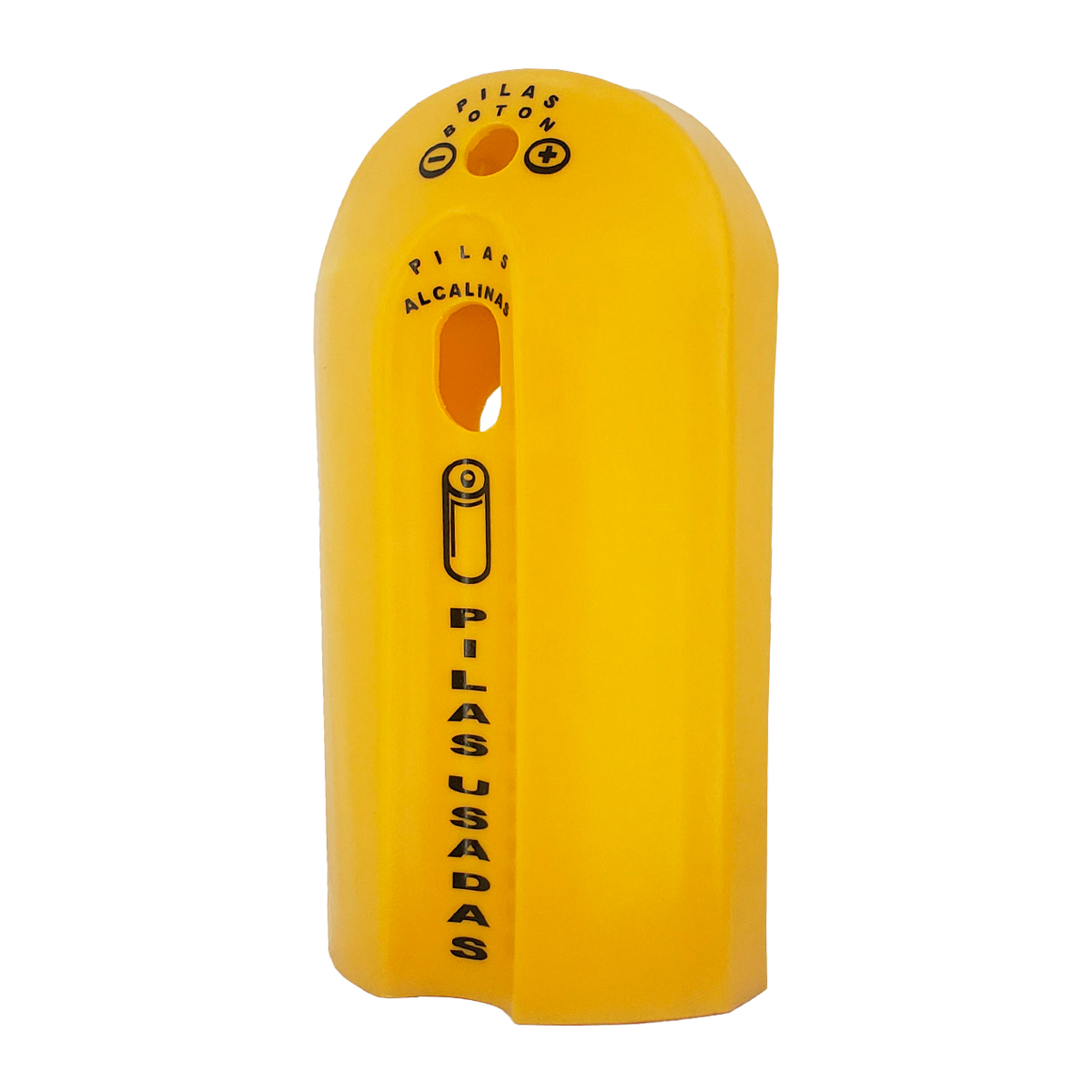 Contenedor plástico para pilas o baterías usadas Recobattery Comerzia con doble entrada para baterias color amarillo