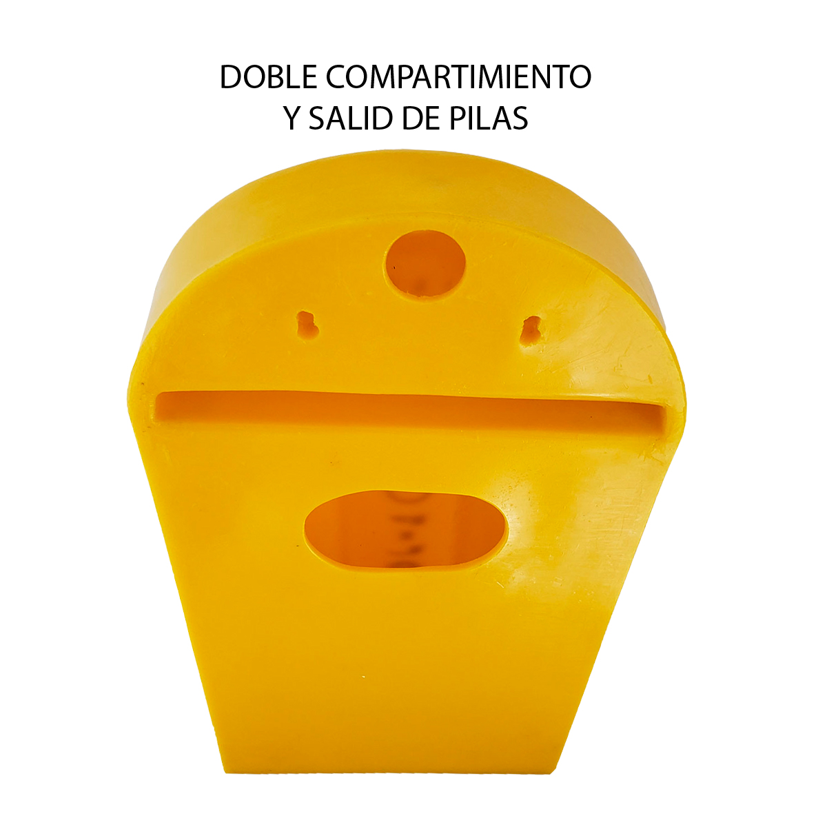 Contenedor plástico para pilas o baterías usadas Recobattery Comerzia con doble entrada para baterias color amarillo